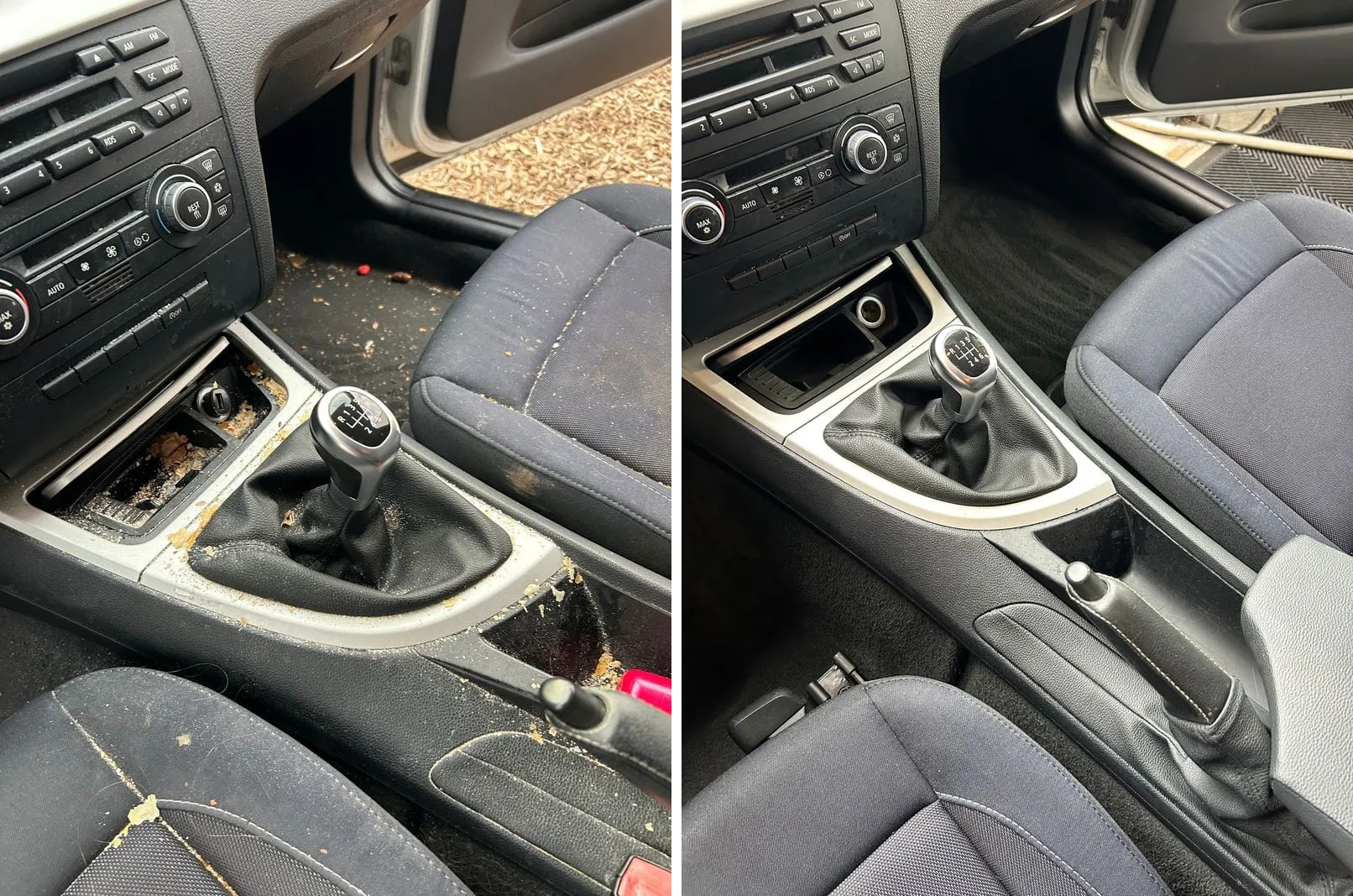 Console centrale et sièges avant en tissu d'une voiture en deux vues : à gauche, miettes, débris et traces sur la console, le tapis et les assises ; à droite, la même voiture le même jour, console nette et tissu uni